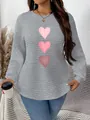 Plus size grey waffle knit sweatshirt featuring pink heart prints and curved hem detail - 3XL / Tops / Gray Pink Heart
