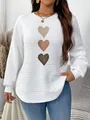Close-up showing the waffle-knit texture and brown heart prints on this white sweatshirt - 3XL / Tops / White Khaki Heart