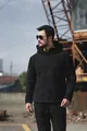 Detailed view of men's outdoor tactical fleece hoodie in black with sleeve pockets - S / Tops / Black