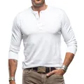 Close-up of a men's white long-sleeved cotton Henley shirt with buttoned collar - S / Tops / White
