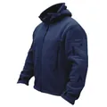 Vue latérale d'une veste polaire tactique bleu marine à capuche avec poches zippées. - Bleu marine