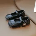 Elegant black Mary Jane princess shoes for girls with glitter toe and pearl flower buckle decoration - 15 / Black