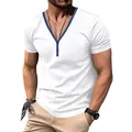 Detailed view of men's white slim fit Henley T-shirt with blue contrast V-neck trim - White