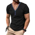 Detail of men's slim fit black Henley t-shirt with blue contrast V-neck trim - Black