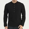 Men's black long-sleeve Henley T-shirt featuring a slim fit and button neck detail. - S / Tops / Black