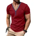 Men's slim fit V-neck Henley shirt in burgundy red with contrast blue trim detail - Burgundy
