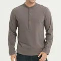 Close-up detail of a breathable men's long-sleeve Henley shirt with wood buttons - S / Tops / Dark Gray