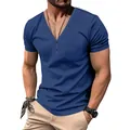 Classic men's slim-fit Henley t-shirt with V-neck and short sleeves in casual blue - Denim Blue
