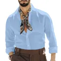 Camisa casual de lino y algodón azul claro para hombre con un cuello de solapa - Azul claro