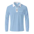 Close-up of light blue long-sleeved polo shirt with white collar and zipper detail - Light Blue and White