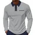 Detailed macro view of grey long-sleeve zip polo shirt with breathable mesh texture - Grey and Navy