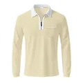 Front view of long-sleeved polo shirt with zipper and contrast collar detail. - Khaki and White