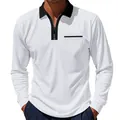 Detailed front view of a white long sleeve polo shirt with black zip collar and chest pocket - S / Tops / White and Black