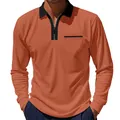 Close-up detail of men's burnt orange quick-dry Polo shirt with black zipper collar - S / Tops / Orange/Black