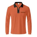 Detail view of orange long-sleeve Polo shirt with black contrast zipper and pocket - S / Tops / Orange/Black