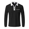 Detailed view of black men's long sleeve polo shirt with white zipper collar - S / Tops / Black and White