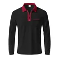 Close-up detail of a long sleeve black polo shirt featuring a red zipper collar - Black And Red
