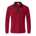Detail of burgundy men's long sleeve polo shirt featuring a black zipper collar and pocket - Red & Black