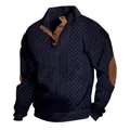 Vintage navy blue cable knit Henry collar sweater with brown faux suede elbow patches - S / Tops / Navy Blue