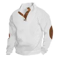 White retro cable knit men's sweater with stand collar and brown suede elbow patches - S / Tops / White