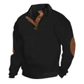 Men's vintage black jacquard knitted Henley sweater with brown faux leather elbow patches - S / Tops / Black