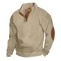 Schwerer Herren Henley-Strickpullover im Retro-Jacquard-Stil mit Leder-Ellbogen-Patches - Khaki