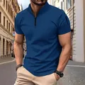 Detail view of navy blue tactical polo shirt with sleeve pocket and quarter-zip collar. - S / Tops / Navy Blue