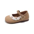 Elegante beige Mädchen Mary Jane Schuhe mit Blumenstickerei und geflochtenem Riemen - 21 / Khaki