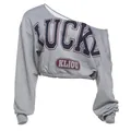 Grijze cropped T-shirt met lange mouwen en blote schouder met Lucky Kliou print - S / Tops / Grijs