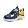 Atmungsaktive marineblaue und gelbe Jungen-Sportschuhe mit praktischem Klettverschlussriemen - Grau und Gelb Lederoberfläche