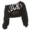 Zwart crop shirt met lange mouwen en blote schouders voor dames met Lucky-letteropdruk - S / Tops / Zwart