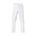 Detail view of stylish men's white casual straight-leg trousers with drawstring waist - S / Bottoms / White