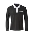 Men's stylish black slim fit long-sleeve polo shirt with white zipper collar and pocket. - S / Tops / Black White Collar