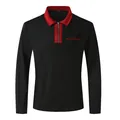 Men's slim fit long sleeve polo shirt featuring a red turn-down collar and chest pocket - Black with Red Collar