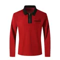 Fashionable men's slim fit long sleeve red polo shirt with zipper neck and pocket - Red with Black Collar
