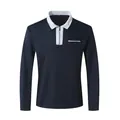 Men's navy blue long sleeve slim fit polo shirt with white collar and front zipper - Navy with White Collar