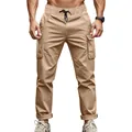 Detailed view of men's khaki tactical cargo pants with large side pockets - S / Bottoms / Khaki