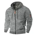 Detail view of men's heavy fleece zip-up hoodie with cationic fabric texture - S / Tops / Light Gray