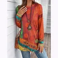 Stylisches langärmliges Oberteil im Ethno-Stil mit buntem Kontrastdruck für Damen - S / Oberteile / Orange Kontrast