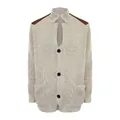 Herren Retro-Strickjacke in Beige mit modischen braunen PU-Schultereinsätzen, Herbst - S / Oberteile / Gebrochenes Weiß