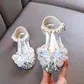 Silver glittery girls princess shoes featuring butterfly sequins and pearl straps - 21 / Silver
