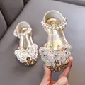 Elegant champagne gold princess shoes for girls with glittery butterfly and pearl strap - 21 / Gold