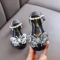 Elegant black girls' princess shoes with sparkling rhinestone butterfly and pearl strap - 21 / Black