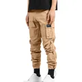 Men's khaki multi-pocket cargo pants with loose fit and drawstring jogger hem - Khaki
