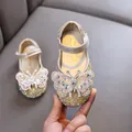 Elegant sparkling gold girls princess shoes with large rhinestone butterfly detail - 21 / Gold