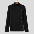 Detail view of men's turtleneck knit shirt featuring decorative side buttons and ribbed texture - Black