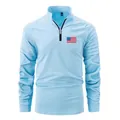 Detailed view of light blue men's half-zip long sleeve polo with pleated shoulders - Sky Blue