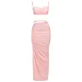 Sexy rosa zweiteiliges Set mit gerafftem Crop-Top und Maxirock mit hoher Taille für Damen - Rosa