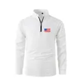 Detailed view of white long-sleeve polo shirt with American flag and pleated sleeves - S / Tops / White