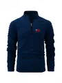 Navy blue men's casual long sleeve half-zip polo shirt with pleated sleeve detailing - Navy Blue